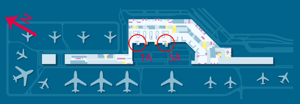 Umiejscowienie okienek "Bagaż ponadwymiarowy" // "Oversized luggage" na warszawskim Lotnisku Chopina; w górnej części obrazka, nad 1A i 5A, znajdują się wyjścia na postój taksówek