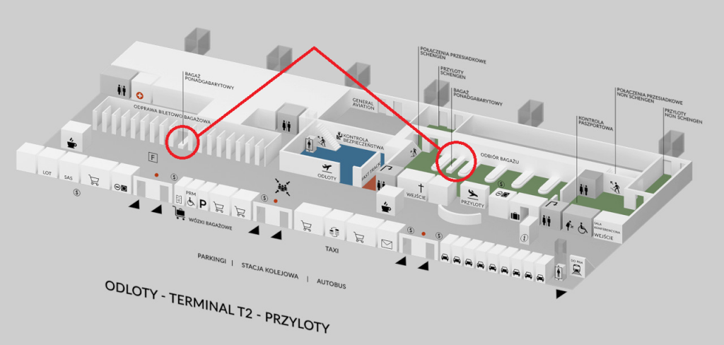 Umiejscowienie okienek "Bagaż ponadgabarytowy" // "Oversized luggage" na gdańskim Lotnisku im. Lecha Wałęsy
