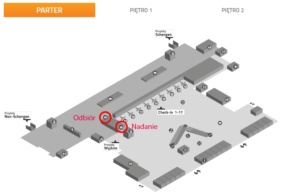 Umiejscowienie okienek "Bagaż ponadgabarytowy" // "Oversized luggage" (obok Check-in #1)  oraz "Zagubiony bagaż" // "Lost & Found luggage office"  na Lotnisku Rzeszów Jasionka 