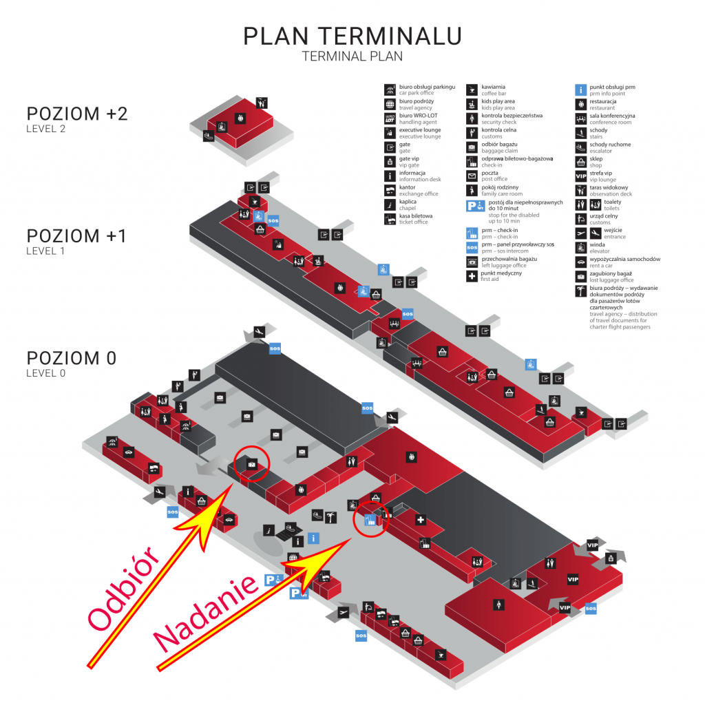 Umiejscowienie okienek "Bagaż ponadwymiarowy" // "Oversized luggage" (obok "Odprawa osób niepełnosprawnych ruchowo" // "PRM check-in") na Odlotach oraz  "Bagaż ponadwymiarowy" // "Oversized luggage" (obok  "Zagubiony bagaż" // "Lost luggage office") na Przylotach na wrocławskim Lotnisku im. Mikołaja Kopernika