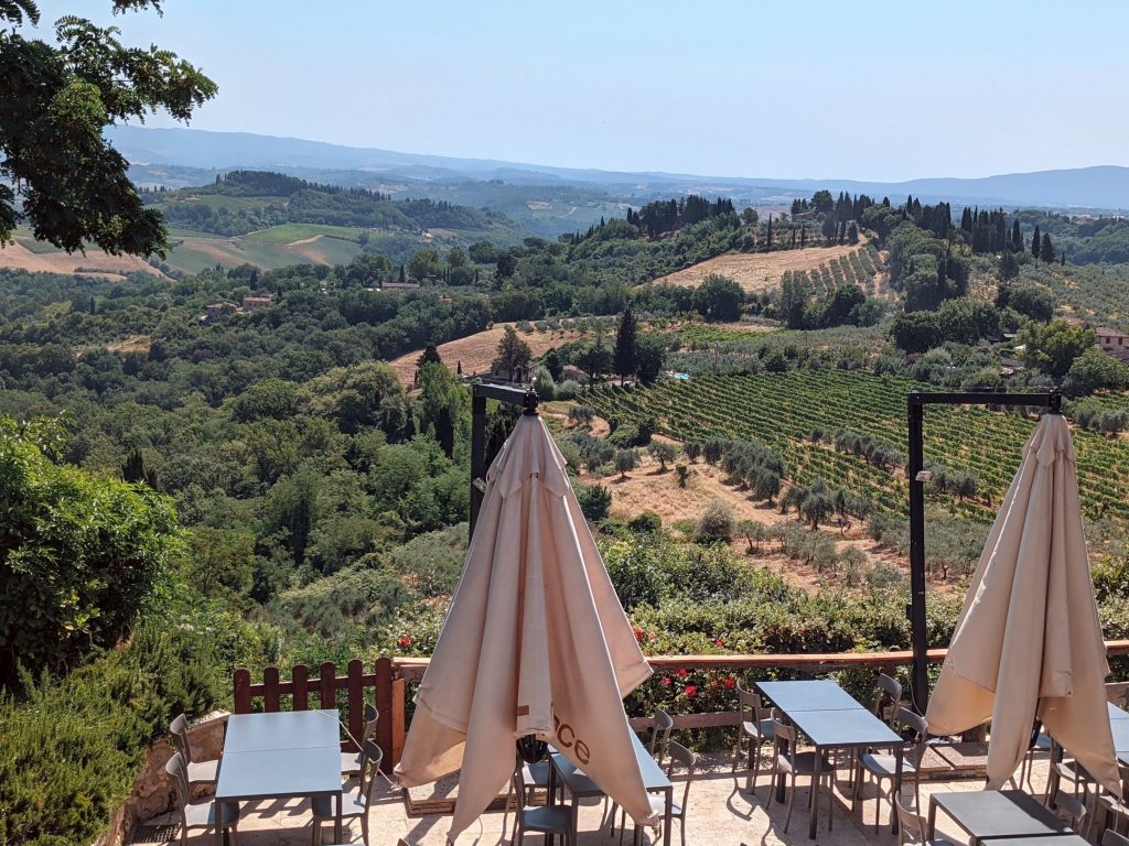Widok na pokryte winnicami wzgórza wokół San Gimignano