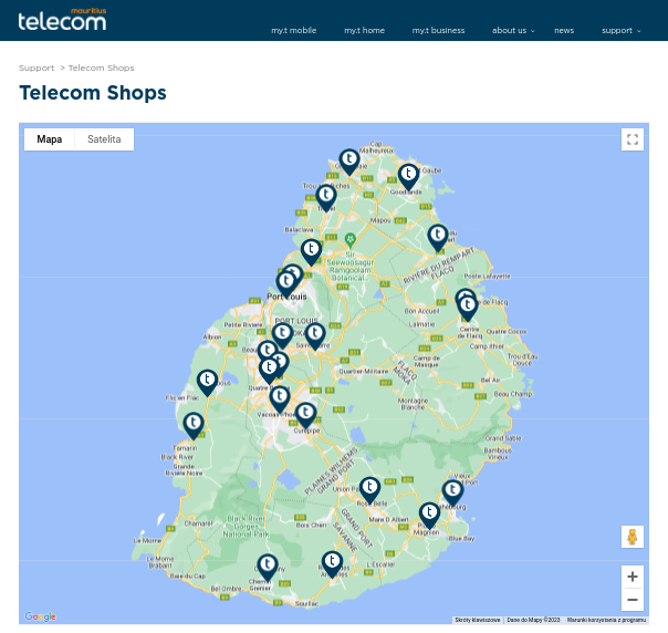 Punty dystrybucji usług i produktów Mauritius Telecom.