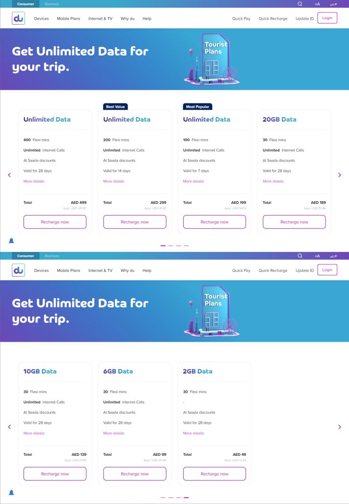 Plany taryfowe du (https://www.du.ae/tourist) zaczynają się od 49 AED za 2 GB danych i cena rośnie do 499 AED za  nielimitowane dane i 400 minut rozmów